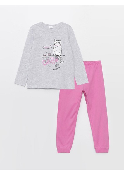 Lcw Kids Bisiklet Yaka Baskılı Uzun Kollu Kız Çocuk Pijama Takımı