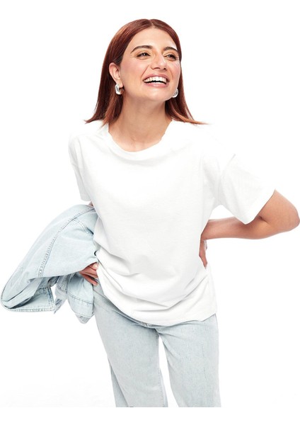 Lcw Limitless Bisiklet Yaka Düz Kısa Kollu Oversize Kadın Tişört