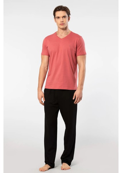 V Yaka T-Shirt ve Cepli Pijama Takım, %50 Pamuk %50 Modal