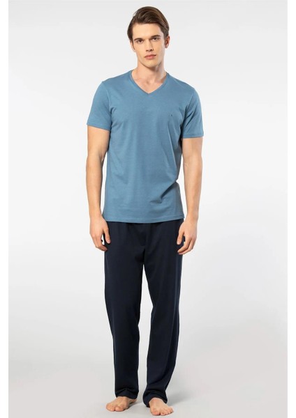 V Yaka T-Shirt ve Cepli Pijama Takım, %50 Pamuk %50 Modal