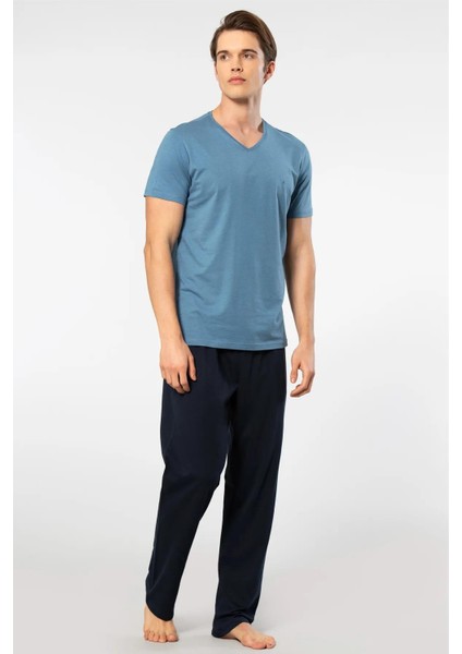 V Yaka T-Shirt ve Cepli Pijama Takım, %50 Pamuk %50 Modal