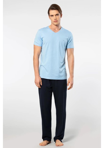 V Yaka T-Shirt ve Cepli Pijama Takım, %50 Pamuk %50 Modal