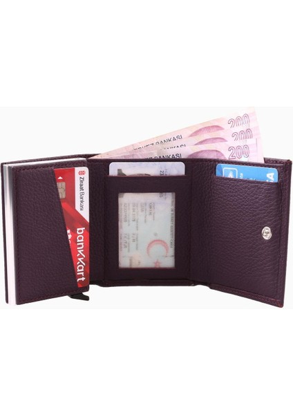 Hakiki Deri Unisex Mekanizmalı Cüzdan 626MG - Mürdüm