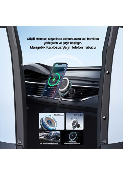 Usams 15W 2in1 Typec Magsefe, Kablosuz Iq Şarj ve Araç Içi Mıknatıslı Telefon Tutucu US-CD222