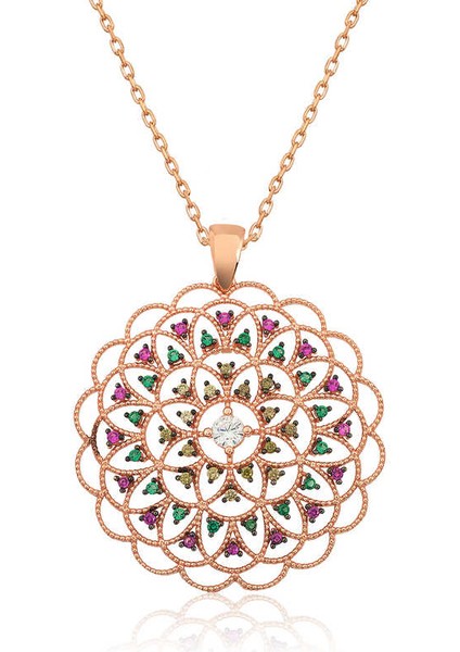 Gümüş Rose Geometrik Desenli Madalyon Kolye modelleri