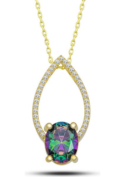 Gümüş Gold Oval Mistik Topaz Taşlı Damla Kadın Kolye