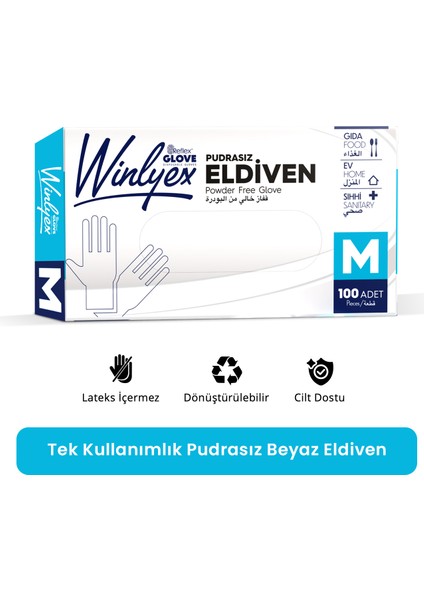 Winlyex Tek Kullanımlık Pudrasız Beyaz M Beden Eldiven 100’lü