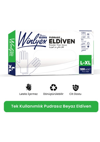 Winlyex Tek Kullanımlık Pudrasız Beyaz L - XL Beden Eldiven 100’lü