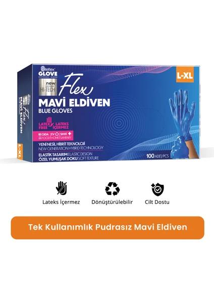 Flex Eldiven Tek Kullanımlık Pudrasız Mavi L - XL Beden Eldiven 100’lü