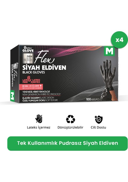 Flex Eldiven Tek Kullanımlık Pudrasız Siyah M Beden Eldiven 4 x 100'lü