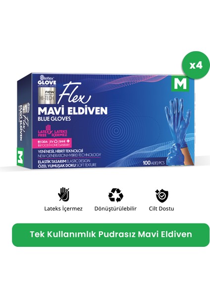 Flex Eldiven Tek Kullanımlık Pudrasız Mavi M Beden Eldiven 4 x 100'lü