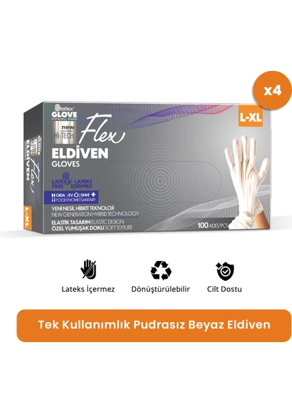 Flex Eldiven Tek Kullanımlık Pudrasız Beyaz L - XL Beden Eldiven 4 x 100'lü