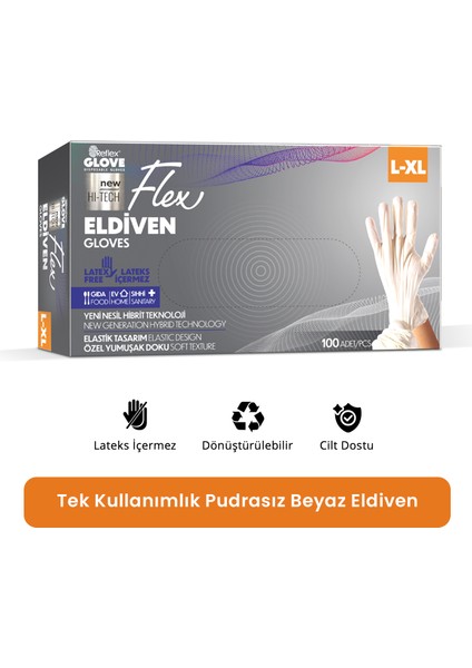 Flex Eldiven Tek Kullanımlık Pudrasız Beyaz L - XL Beden Eldiven 100’lü