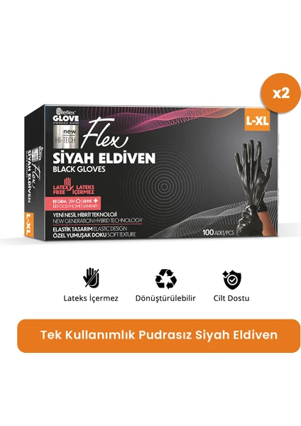 Flex Eldiven Tek Kullanımlık Pudrasız Siyah L - XL Beden Eldiven 2 x 100'lü