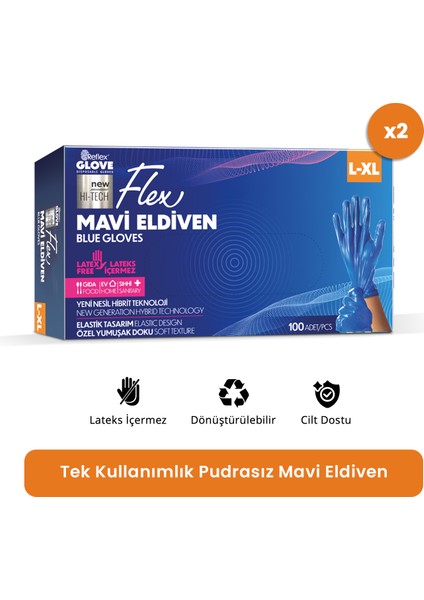 Flex Eldiven Tek Kullanımlık Pudrasız Mavi L - XL Beden Eldiven 2 x 100'lü
