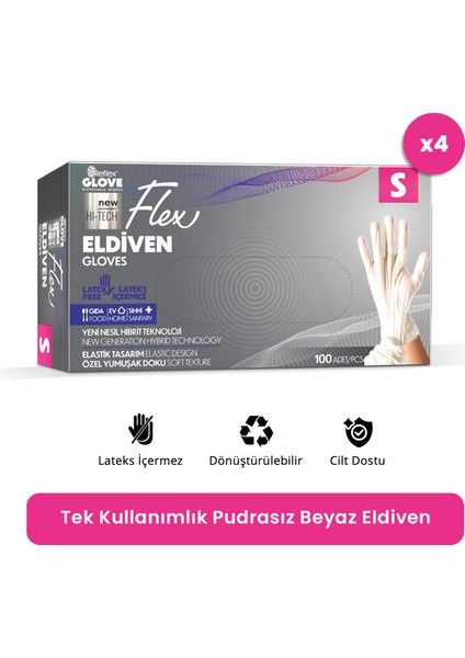 Flex Eldiven Tek Kullanımlık Pudrasız Beyaz S Beden Eldiven 4 x 100'lü