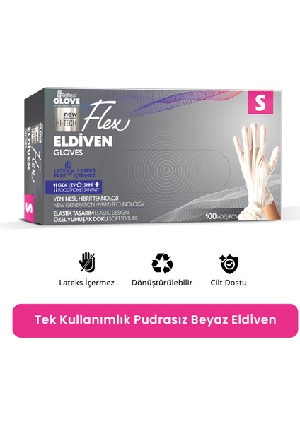 Flex Eldiven Tek Kullanımlık Pudrasız Beyaz S Beden Eldiven 100’lü