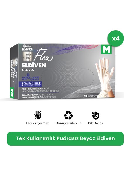 Flex Eldiven Tek Kullanımlık Pudrasız Beyaz M Beden Eldiven 4 x 100'lü