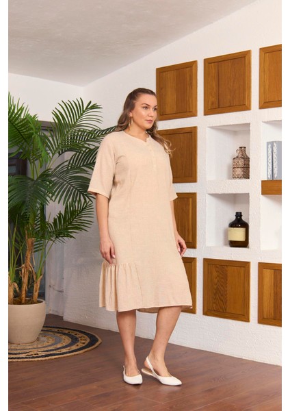 Eteği Fırfırlı Hakim Yaka Büyük Beden Krem Elbise fiyatları