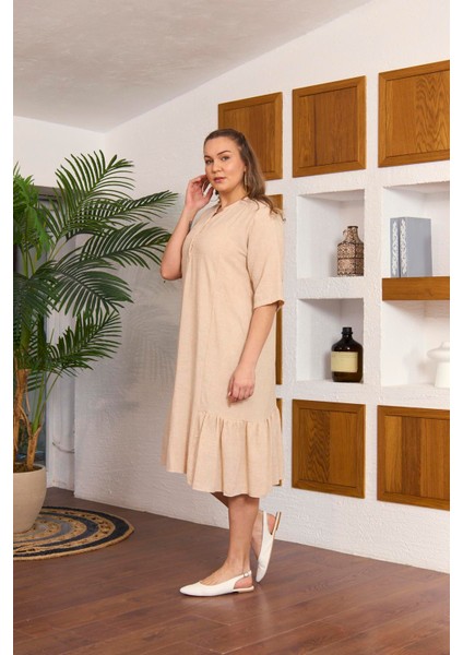 Eteği Fırfırlı Hakim Yaka Büyük Beden Krem Elbise modelleri