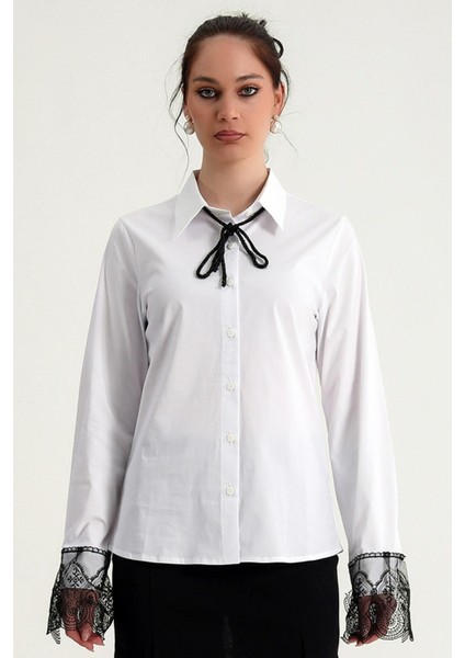 Kol Ucu Dantel Detaylı Yakası Kurdelalı Düğmeli Uzun Kol Rahat Kalıp Tarz Gömlek