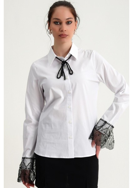 Kol Ucu Dantel Detaylı Yakası Kurdelalı Düğmeli Uzun Kol Rahat Kalıp Tarz Gömlek modelleri