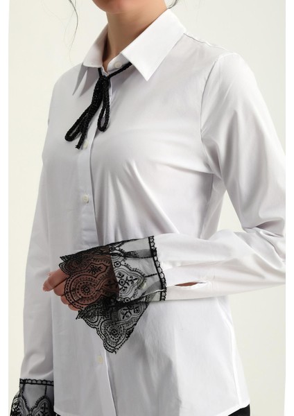 Kol Ucu Dantel Detaylı Yakası Kurdelalı Düğmeli Uzun Kol Rahat Kalıp Tarz Gömlek indirimleri