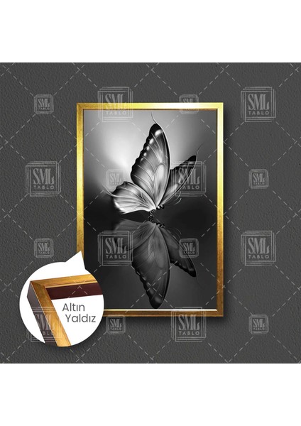 Kelebek Yansıma Simetri Siyah Beyaz Modern Dekoratif Çerçeveli Dikey Kanvas Tablo