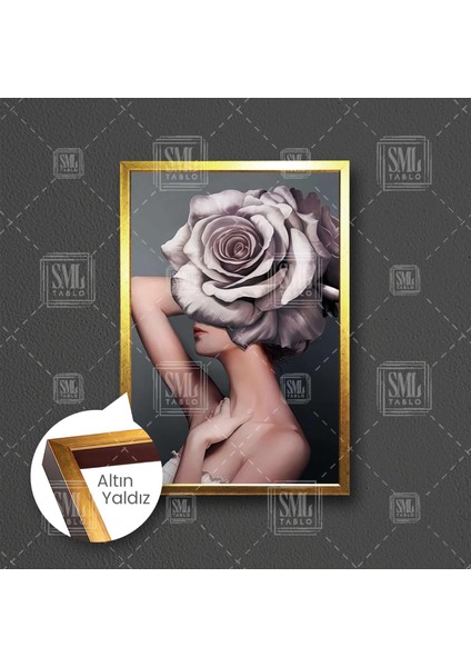 Gül Saçlı Kadın Kadın Çiçek Kafalı Kadın Rose Çerçeveli Dikey Kanvas Tablo
