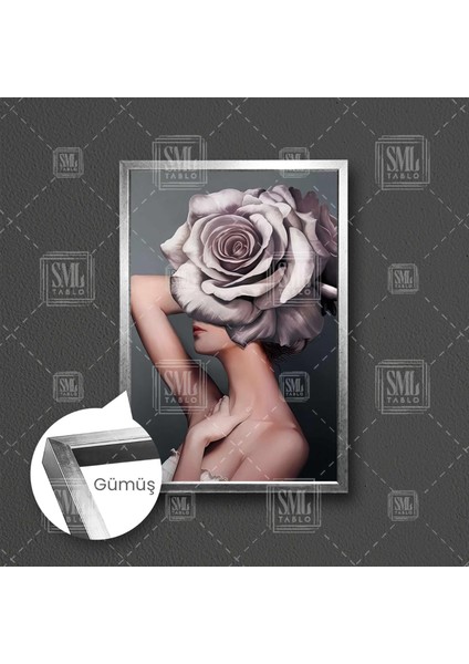 Gül Saçlı Kadın Kadın Çiçek Kafalı Kadın Rose Çerçeveli Dikey Kanvas Tablo fırsatları