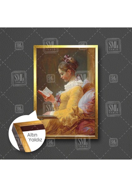 Kitap Okuyan Sarı Elbiseli Kadın Jean Honore Fragonard Çerçeveli Dikey Kanvas Tablo