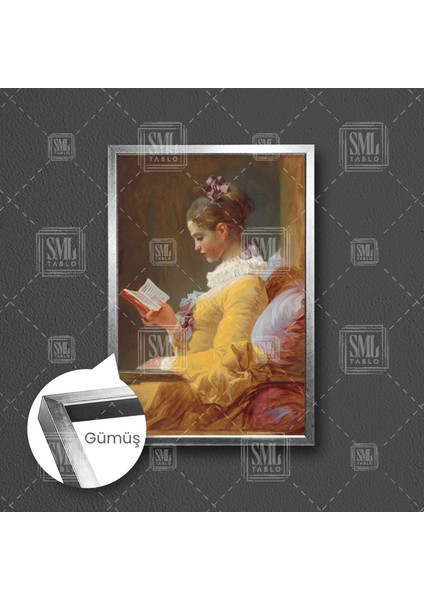 Kitap Okuyan Sarı Elbiseli Kadın Jean Honore Fragonard Çerçeveli Dikey Kanvas Tablo