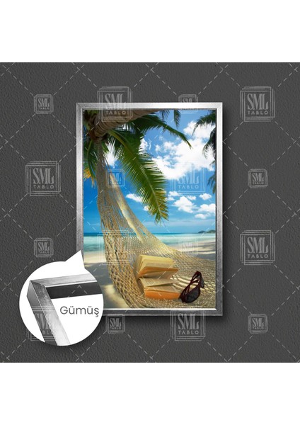 Hamak Kitap Kumsal Sahil Tatil Çerçeveli Dikey Kanvas Tablo