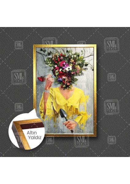 Çiçek Kadın Yağlı Boya Efektli Çerçeveli Dikey Kanvas Tablo