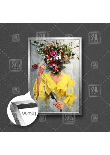 Çiçek Kadın Yağlı Boya Efektli Çerçeveli Dikey Kanvas Tablo fırsatları