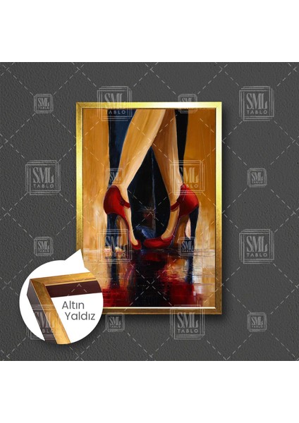 Tango Dans Eden Çift Kırmızı Topuklu Dans Ayakkabıları Çerçeveli Dikey Kanvas Tablo