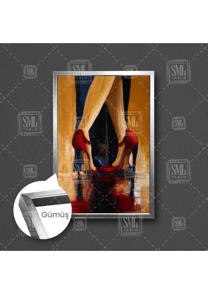 Tango Dans Eden Çift Kırmızı Topuklu Dans Ayakkabıları Çerçeveli Dikey Kanvas Tablo fırsatları
