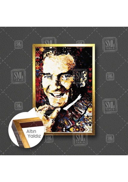 Atatürk Portresi Yağlı Boya Efektli Mustafa Kemal Çerçeveli Dikey Kanvas Tablo