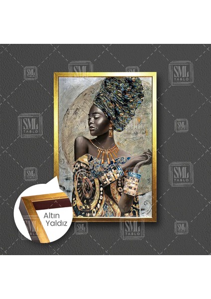 Afrikalı Kadın Kolye Makyaj Takı Soyut Art Çerçeveli Dikey Kanvas Tablo