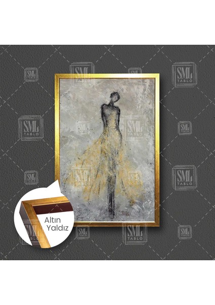 Sarı Etekli Afrikalı Kadın Soyut Sanat Çizgisel İnsan Dekor Çerçeveli Dikey Kanvas Tablo