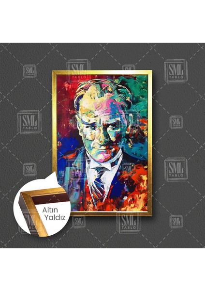 Mustafa Kemal Atatürk Karizma Portre Yağlı Boya Efektli Dekor Çerçeveli Dikey Kanvas Tablo