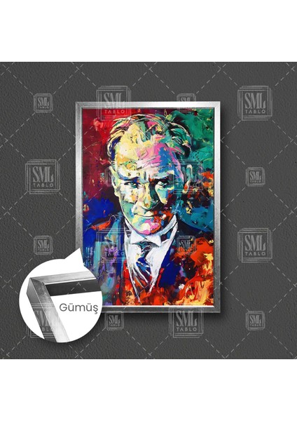 Mustafa Kemal Atatürk Karizma Portre Yağlı Boya Efektli Dekor Çerçeveli Dikey Kanvas Tablo
