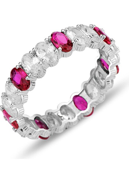 Gümüş Rodyumlu Oval Baget Kesim Yakut ve Zirkon Taşlı Tamtur Yüzük SGTL12399YAKUT