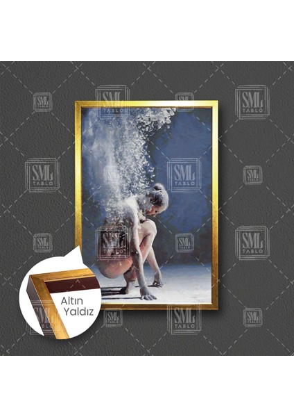 Diz Üstü Eğilmiş Balerin Kadın Woman Duman Müzik Sanat Dans Çerçeveli Dikey Kanvas Tablo