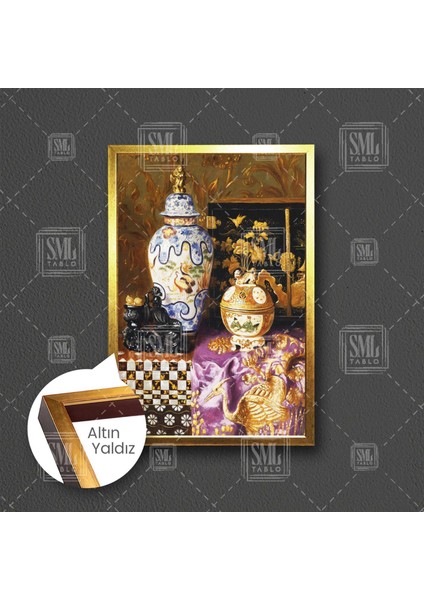 Osmanlı Işlemeli Vazo Heykel Dekor Antika Çerçeveli Dikey Kanvas Tablo