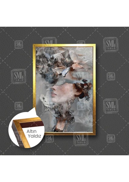 Güvercin Kafalı Kadın İlüstrasyon Dekor Uçan Kuşlar Çerçeveli Dikey Kanvas Tablo