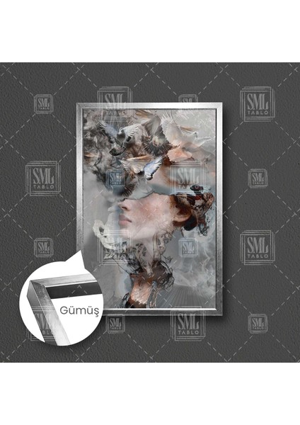 Güvercin Kafalı Kadın İlüstrasyon Dekor Uçan Kuşlar Çerçeveli Dikey Kanvas Tablo fırsatları