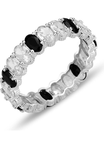 Gümüş Rodyumlu Oval Baget Kesim Onix ve Zirkon Taşlı Tamtur Yüzük SGTL12399SIYAH
