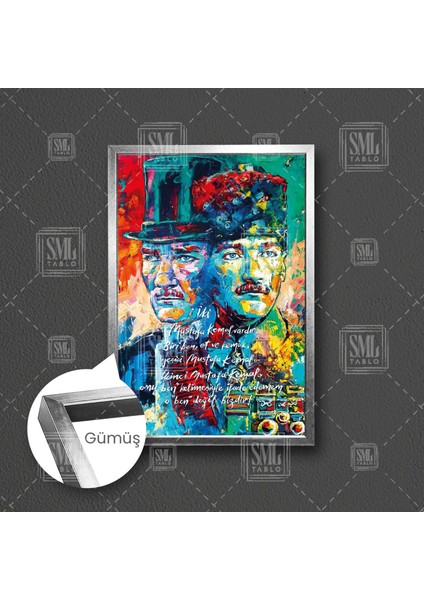 Yağlı Boya Efektli Mustafa Kemal Atatürk Portre Karizma Çerçeveli Dikey Kanvas Tablo