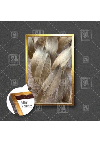 Altın Tüyler Kuş Kanadı Dekoratif Modern Çerçeveli Dikey Kanvas Tablo